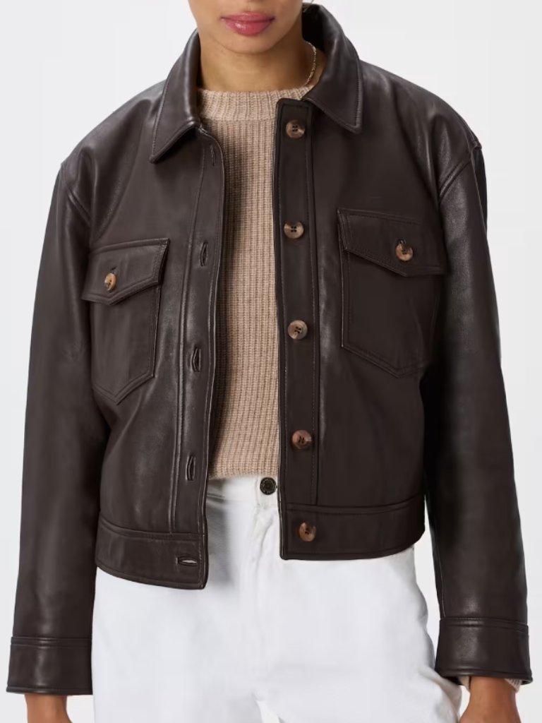 Quince Leather Cropped Button Front Jacket In Rich Brown - Women's Size S (Nwt)